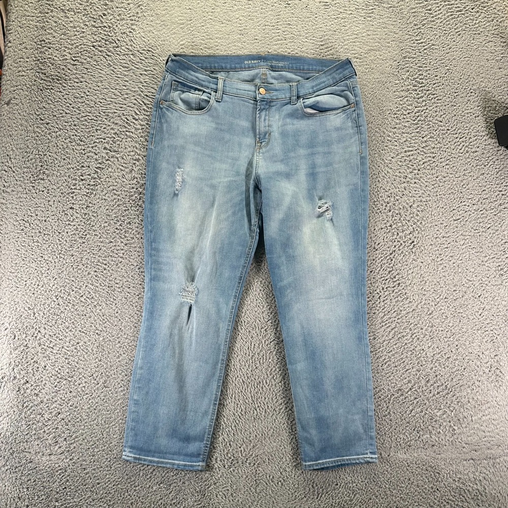 Old Navy Jeans Womens 14 Blue Cotton Denim Straight Faded Distressed Stretch